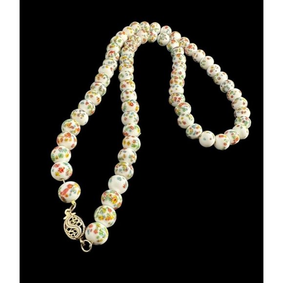 Vintage MCM White Millefiori Beaded Knotted Necklace Gold Tone Filigree Clasp - Picture 5 of 7
